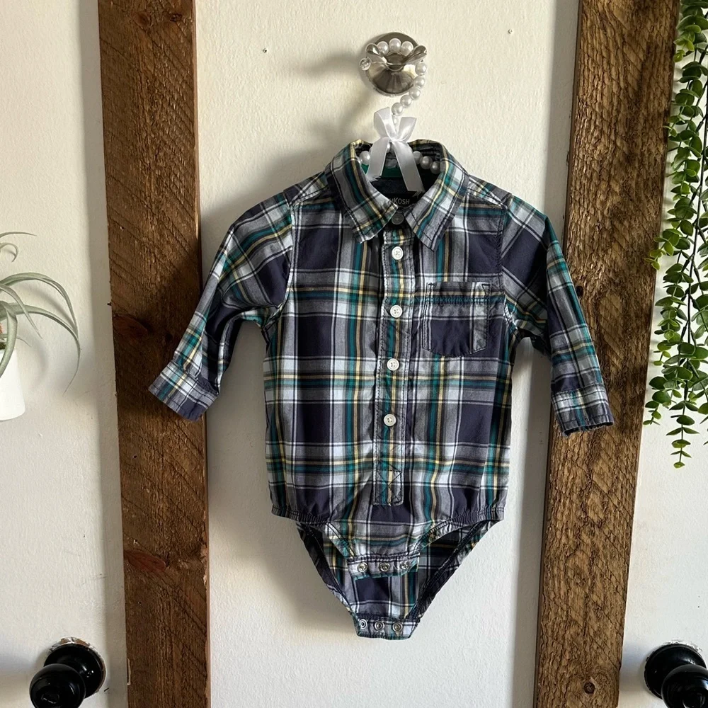 OshKosh B’Gosh Rustic Plaid Long-Sleeve Baby Boy Long Sleeve Bodysuit Shirt 12M